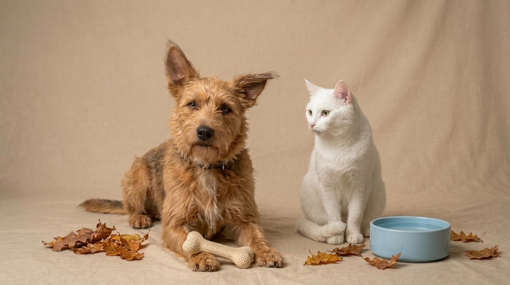 A scruffy terrier with a chew bone lying next to a white cat and a blue water bowl