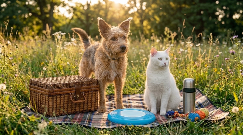 A terrier and a white cat on a picnic blanket in a sunny meadow