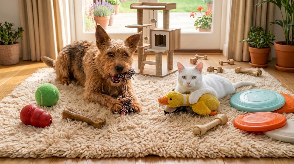 A terrier chewing a rope toy next to a white cat hugging a plush duck on a cozy rug
